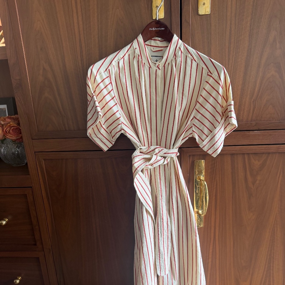 Tuckernuck "Royal Shirt Dress" in a red and cream/ivory stripe